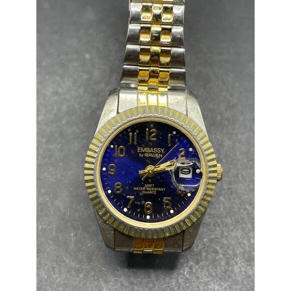 Vtg Embassy By Gruen Men’s Presidential Two Tone Date Quartz Watch Blue Dial - Picture 1 of 11